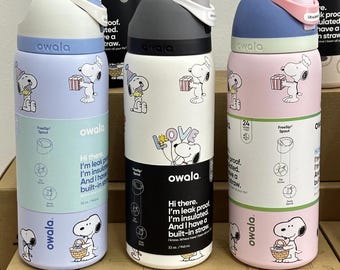 Snoopy Owala Water Bottle 32oz Insulated Tumbler, Pastel FreeSip Straw Bottle