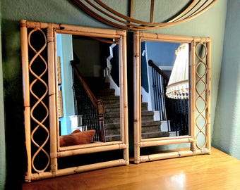 Vintage Burnt Bamboo Mirror Pair Boho Cane Rattan Mid Century