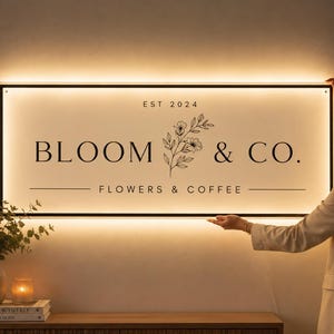 以下が含まれることがあります： 「BLOOM & CO.」と「FLOWERS & COFFEE」の黒い文字が入った長方形の電飾看板。看板には花のグラフィックと「EST 2024」の年号が入っています。看板は壁に立てかけられています。