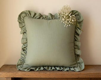 Sage Green Ruffle Linen Pillow Cover · French Chateau 18x18 20x20 · Boho Farmhouse Throw Pillow Sham · Herb Green Cushion Cover Sofa Bed