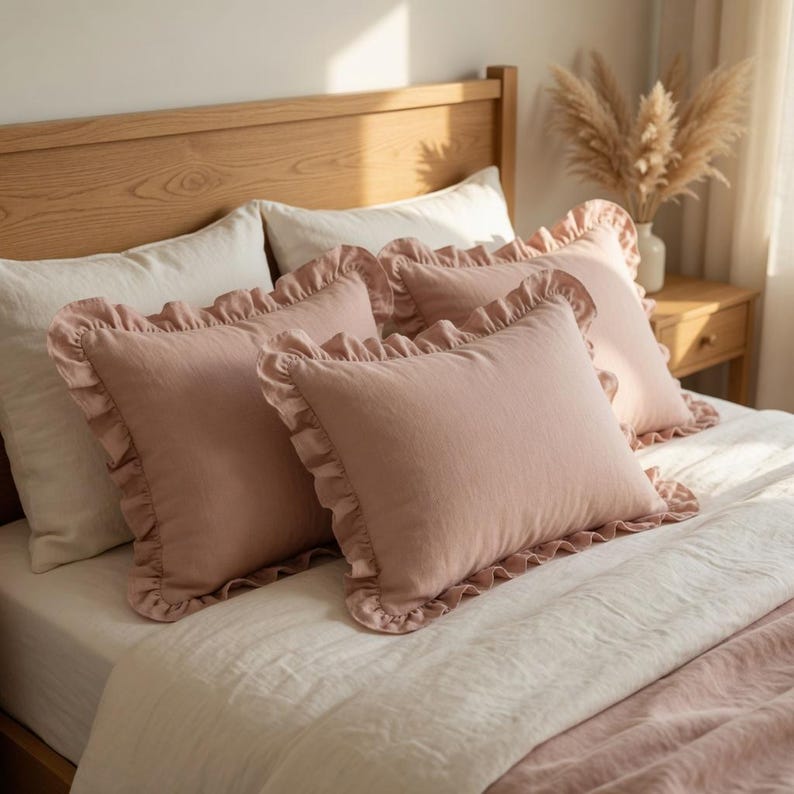 May include: Four blush pink rectangular pillows with ruffled edges rest on a bed with white and pink bedding. The pillows are arranged in a layered composition, creating a cozy and inviting aesthetic. The bed is set against a light wood headboard.