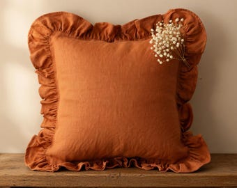Terracotta Ruffle Linen Pillow Cover · French Chateau 18x18 20x20 · Boho Farmhouse Throw Pillow Sham · Rust Orange Cushion Cover Sofa Bed