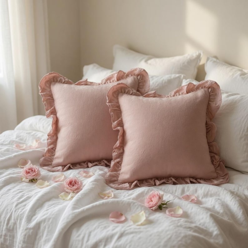 May include: Two blush pink square pillows with ruffled edges rest on a white bed. The pillows are surrounded by white bedding, rose petals, and small pink roses. The pillows add a touch of elegance to the bedroom.
