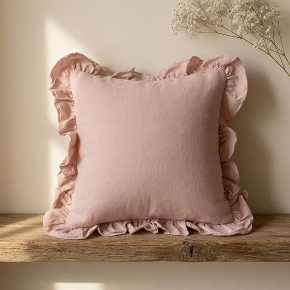 Blush Pink Ruffle Linen Pillow Cover · French Château 18x18 20x20 · Boho Farmhouse Throw Pillow Sham · Dusty Rose Cushion Cover Sofa Bed