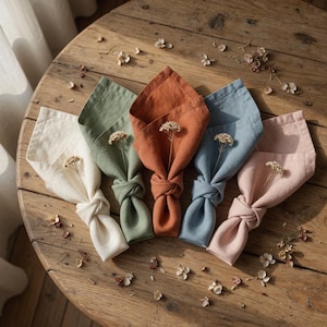Può includere: Cinque tovaglioli di lino color crema, verde salvia, ruggine, blu e rosa cipria sono disposti su un tavolo di legno rustico. Ogni tovagliolo è annodato e adornato con un piccolo rametto di fiori secchi, creando un'estetica elegante e naturale.