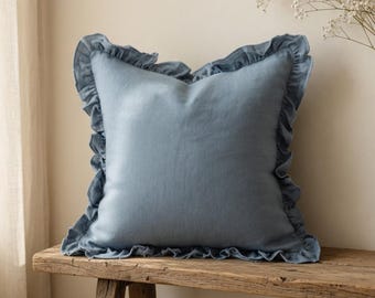 Dusty Blue Ruffle Linen Pillow Cover · French Chateau 18x18 20x20 · Boho Coastal Farmhouse Throw Pillow Sham · Cushion Cover Sofa
