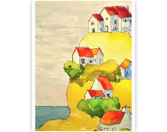 Poster del villaggio costiero sulla scogliera / Stampa su carta artistica / Acquerello 100% realizzato a mano