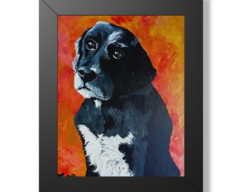 Stampa acrilica di un cane Spaniel dall'espressione intensa – Decorazione murale con animali e texture, incorniciata con piccoli animali.