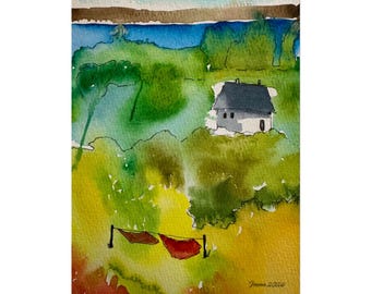 Countryside Watercolor Landscape Rolled Poster | Cottage, Trees, Hangers