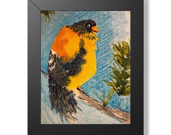 Illustrazione di un uccello canoro giallo, poster verticale incorniciato / Decorazione murale con uccelli / Frosone vespertino / Acquerello