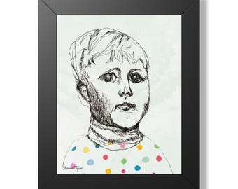 Ritratto di bambino con maglione a pois, poster verticale incorniciato / Schizzo a inchiostro da parete