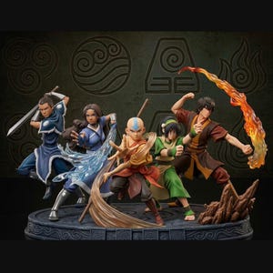 May include: A multi-character figurine set featuring five figures in dynamic poses on a circular base. The figures represent elemental powers with translucent water, earth, and fire effects. Each character wears distinct attire in blue, green, and brown.