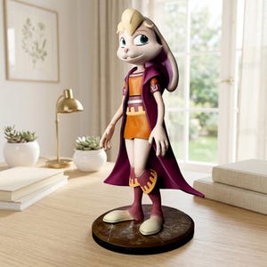 May include: A figurine of a cartoon rabbit character wearing an orange dress, a burgundy cape, and boots. The rabbit has blonde hair and is standing on a round, brown base. The figurine is on a wooden desk.