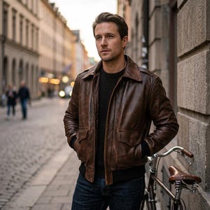 Puede incluir: Una chaqueta de cuero marrón con cuello, bolsillos delanteros y puños acanalados negros, usada sobre un suéter negro texturizado y jeans azul oscuro. La chaqueta presenta un acabado desgastado y un cierre de cremallera frontal.