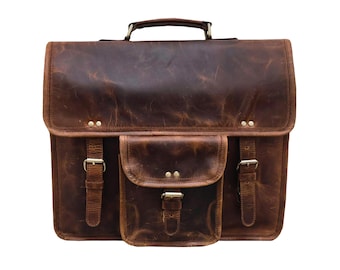Full-Grain Buffalo Leather Messenger Bag, Laptop Briefcase, Work Travel Bag