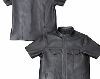 Camicia da uomo in pelle nera fatta a mano - Camicia streetwear a maniche corte con bottoni