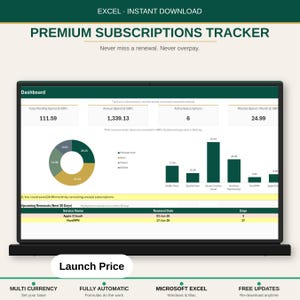 May include: A digital dashboard for a Premium Subscriptions Tracker in Microsoft Excel. The screen displays financial data, including total monthly spend, annual spend, active subscriptions, and a bar chart with a pie chart. Text includes EXCEL - INSTANT DOWNLOAD.
