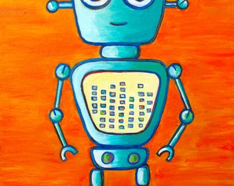 May include: A blue robot with a yellow chest panel and large, white eyes. The robot has a friendly smile and is standing on a yellow and orange background.