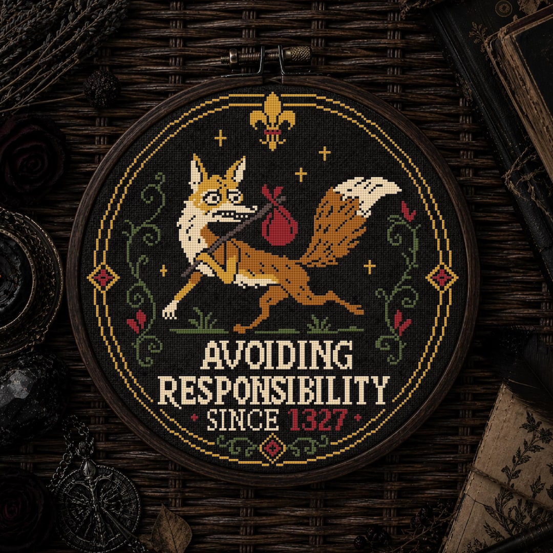 Medieval Fox Cross Stitch Pattern PDF | Funny Procrastination Sarcastic Embroidery Quote | Whimsical Gothic Folk Design for Dark Academia - Etsy UK