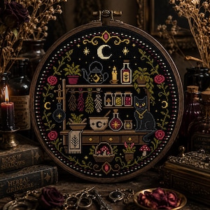 Witch Apothecary Cross Stitch Pattern PDF, Gothic Cross Stitch, Witch Kitchen, Black Cat Cross Stitch, Cottagecore Witch, Instant Download
