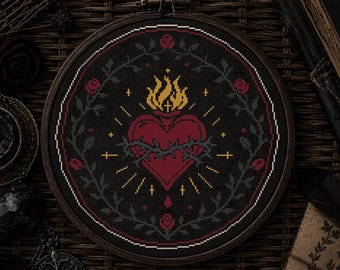 Sacred Heart Cross Stitch Pattern PDF, Gothic Folk Art Heart Embroidery Design