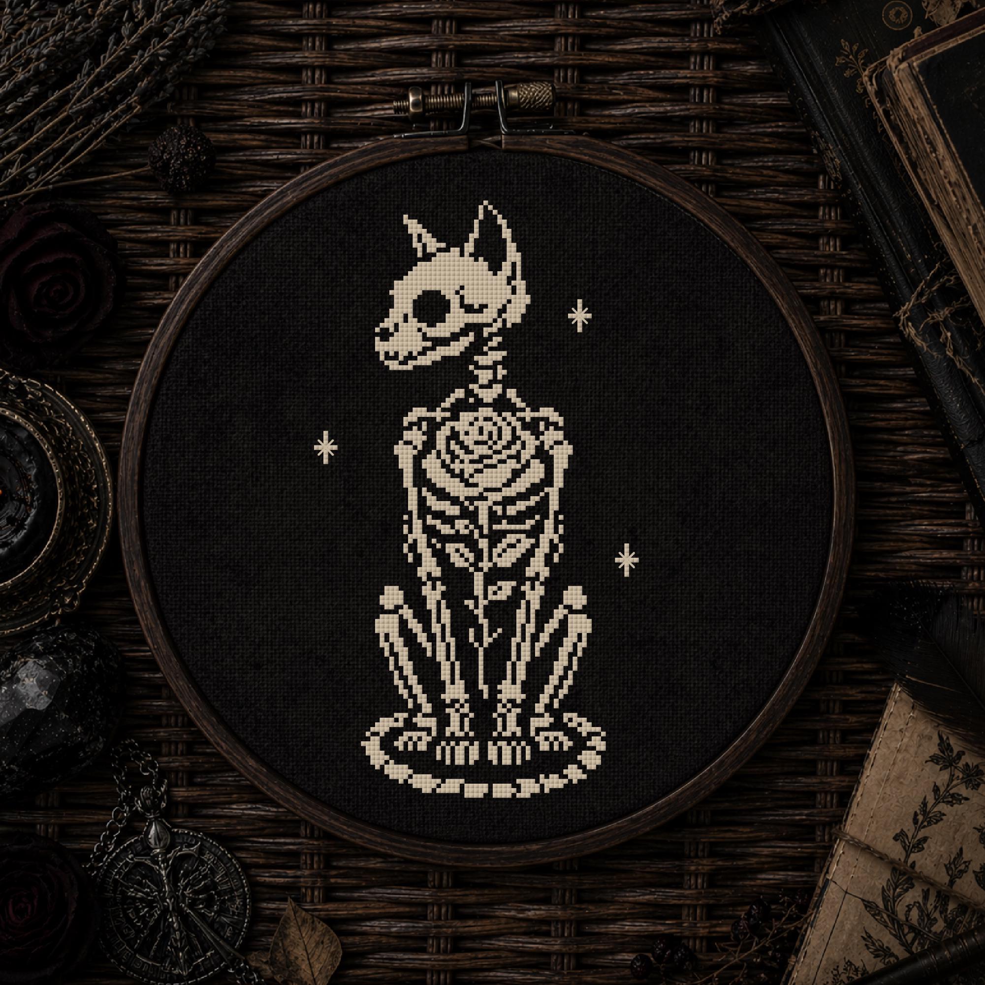 Cat Skeleton Cross Stitch Pattern PDF, Gothic Rose Embroidery Design, Dark Academia Decor, Beginner Friendly Witchy Needlework Gift