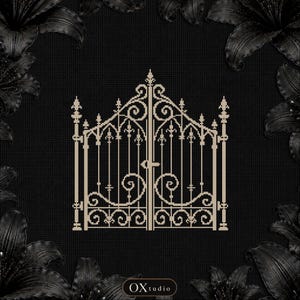 May include: A beige cross-stitch pattern of a double gate with ornate scrollwork and pointed finials, centered on a black grid background. The design features symmetrical iron-style bars and decorative flourishes. The text OXtudio is at the bottom.