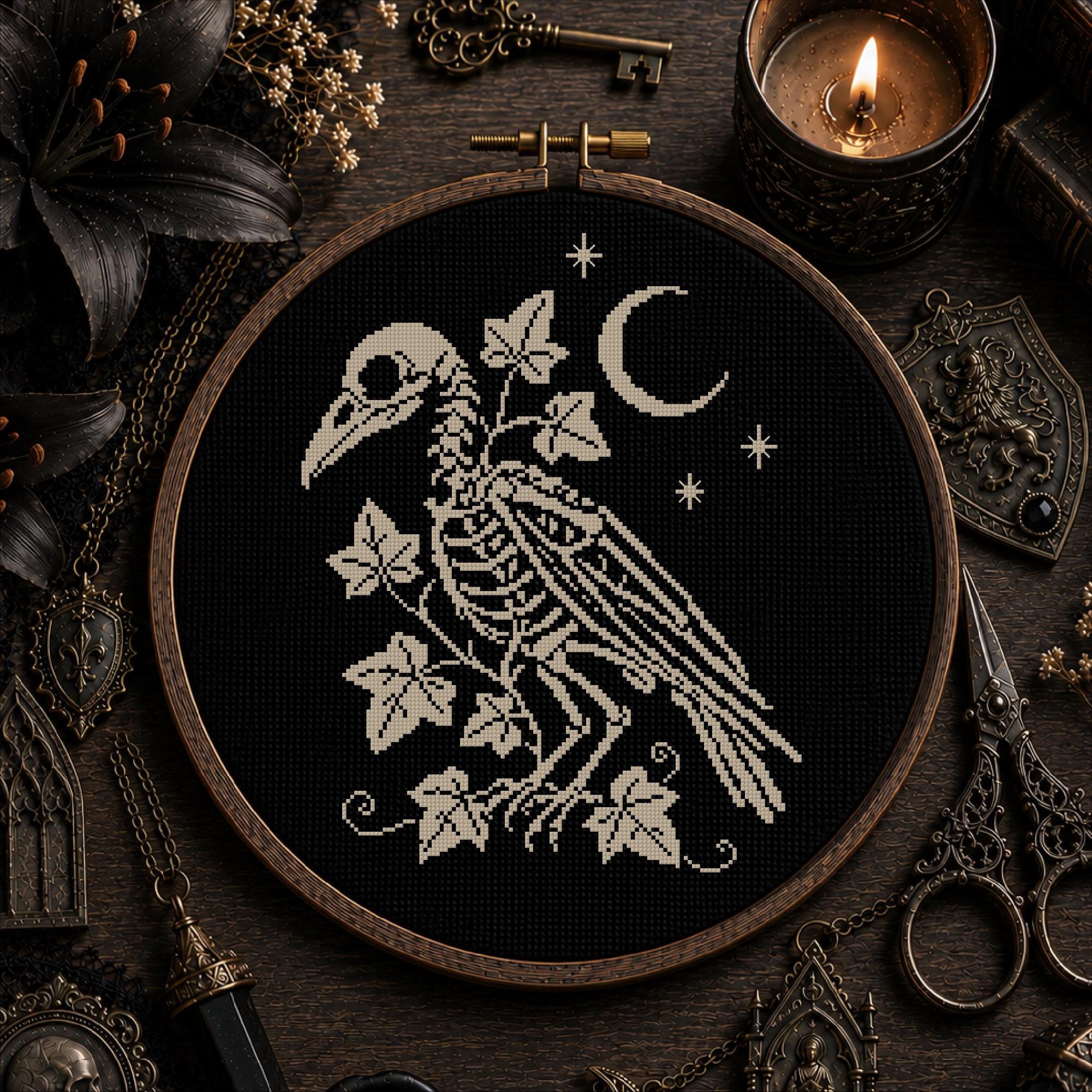 Botanical Bird Skull Cross Stitch Pattern PDF, Gothic Herbarium, Dark Academia Decor, Nature Cross Stitch, Instant Download