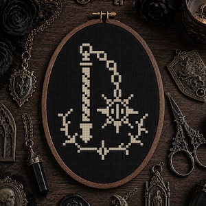 Medieval Flail Cross Stitch Pattern PDF, Mini Cross Stitch, 1 Color Pattern, Beginner Cross Stitch, Gothic Blackwork, Instant Download