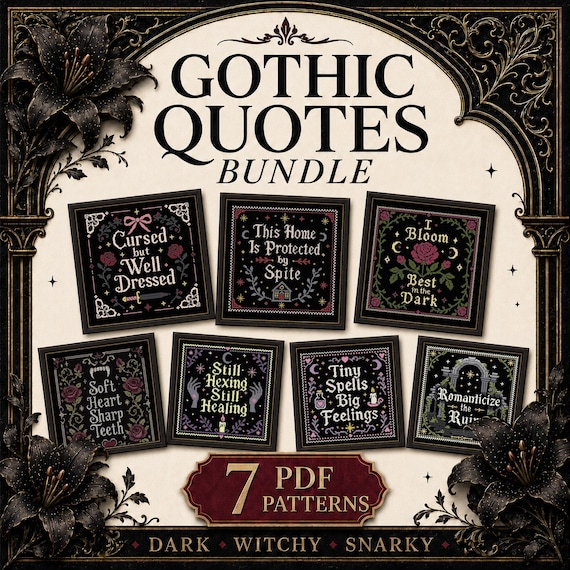 Gothic Quote Cross Stitch Bundle, 7 Dark Feminine PDF Patterns, Witchy Sayings, Snarky Samplers, Dark Academia Wall Decor