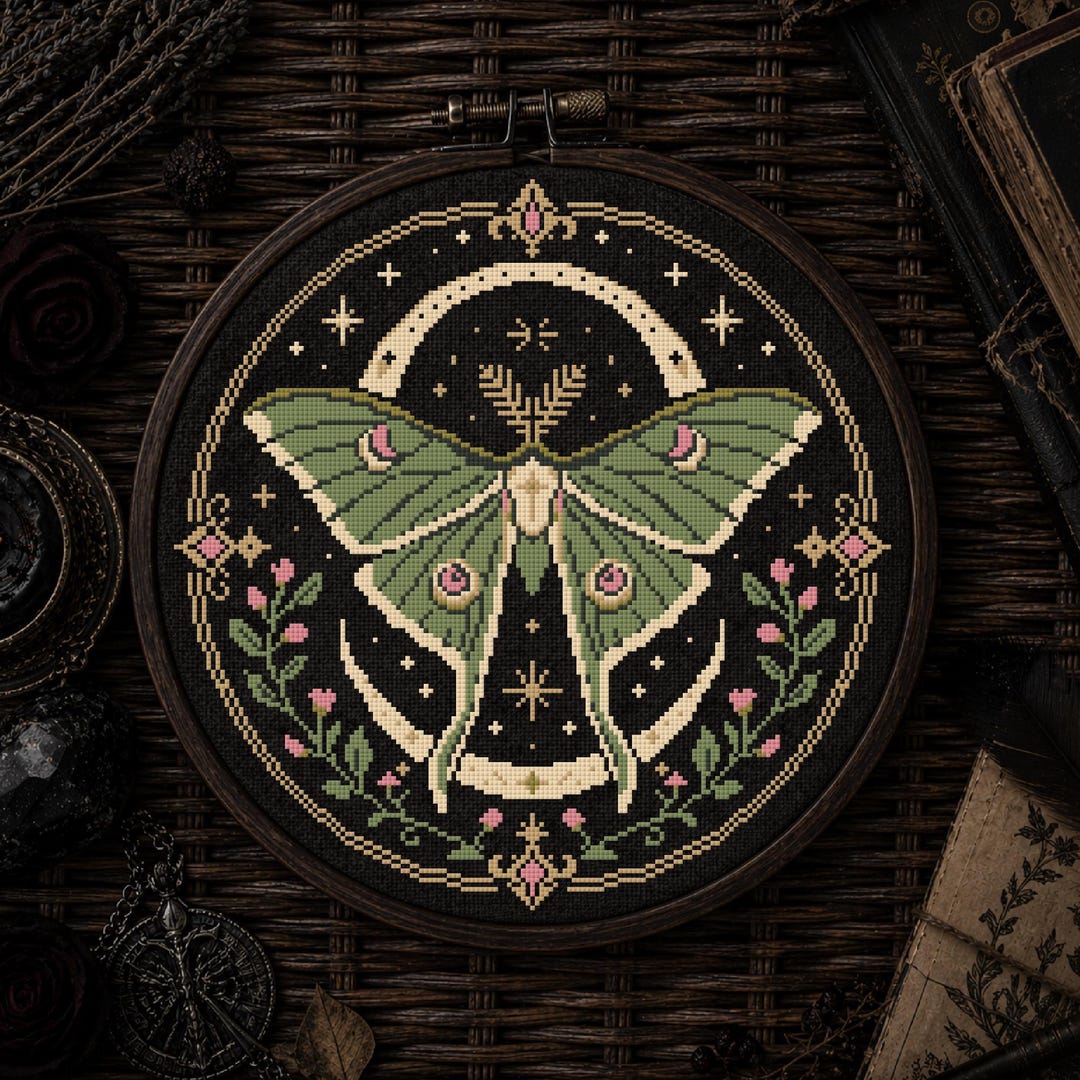 Luna Moth Cross Stitch Pattern PDF, Celestial Gothic Moth Folk ...