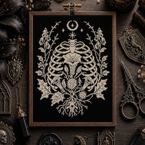 May include: A rectangular wooden embroidery hoop containing a black fabric piece with a cream-colored cross-stitch design. The pattern features a human rib cage intertwined with botanical elements, including leaves, flowers, and roots, topped by a crescent moon and star symbol.