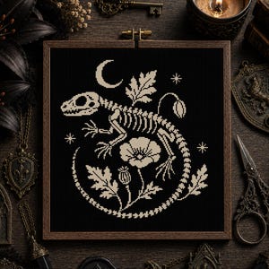 Botanical Lizard Skeleton Cross Stitch Pattern PDF, Gothic Nature Cross Stitch, Dark Academia Decor, Woodland Herbarium, Instant Download