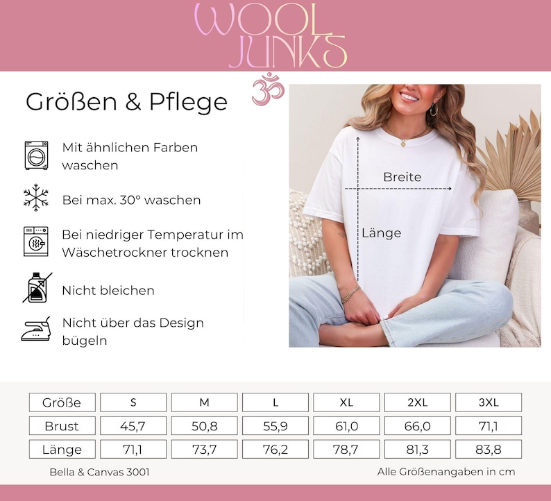 Może przedstawiać: Biały t-shirt z napisem "WOOL JUNKS" u g&oacute;ry. Obraz zawiera instrukcje prania i wymiary w centymetrach. Wymiary klatki piersiowej koszulki wahają się od 45,7 cm do 71,1 cm.