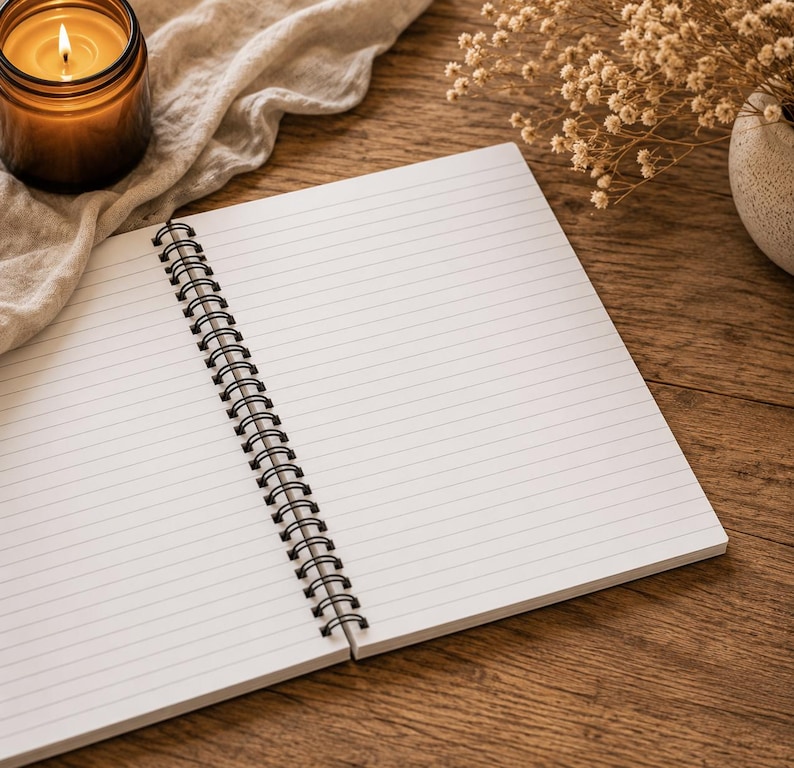 May include: An open spiral-bound notebook with white lined paper pages. The notebook features a black metal wire binding along the center fold, allowing the pages to lay flat. The paper is clean and blank, providing a surface for writing or drawing.
