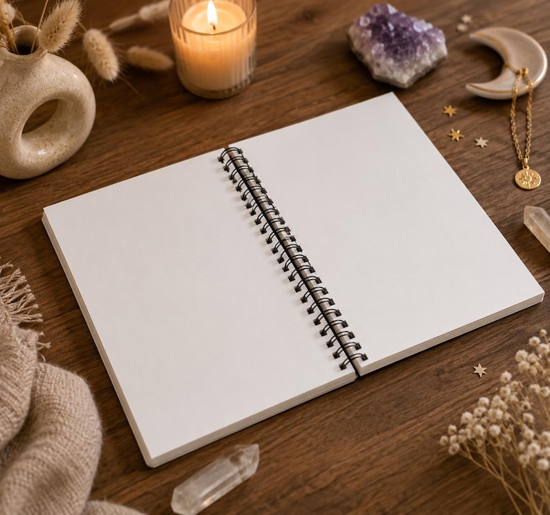 May include: An open spiral-bound notebook with blank white pages featuring a black metal coil spine. The notebook is positioned on a dark wooden surface, surrounded by a lit candle, a ceramic vase, a purple crystal, and a gold-toned necklace.