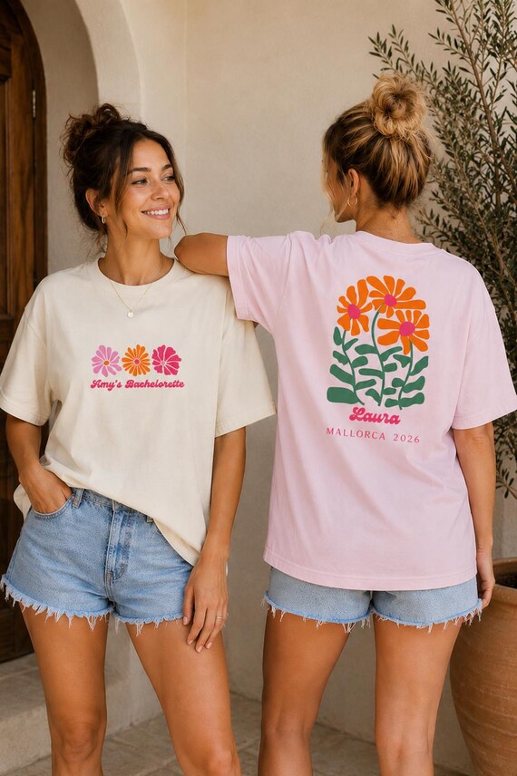 JGA Shirt personalisiert, Junggesellinnenabschied T-Shirt Damen, Braut Team Tank mit Namen, Mallorca JGA Outfit, Retro Bachelorette Style