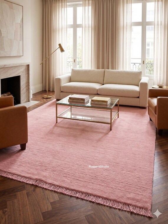Handgewebter Teppich Rosa Einfarbig Mit Fransen Pastellrosa Teppich Für Wohnzimmer Schlafzimmer Und Kinderzimmer
