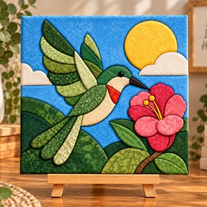 May include: A square fabric wall art piece featuring a hummingbird in flight with green patterned wings and a red throat patch, hovering near a large pink flower. The scene includes a bright yellow sun, white clouds, and a blue sky background.