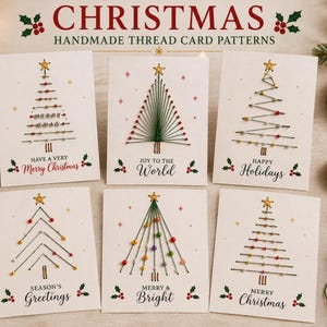 Può includere: Sei biglietti d'auguri bianchi con decorazioni natalizie realizzate a mano con filo e perline. Ogni biglietto presenta un albero di Natale in filo verde sormontato da una stella dorata, accompagnato da scritte festive come Merry Christmas.