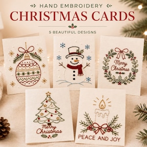 May include: Five off-white greeting cards featuring hand embroidery designs of a Christmas ornament, a snowman, a wreath with Merry Christmas text, a Christmas tree with Merry Christmas text, and a candle with PEACE AND JOY text.