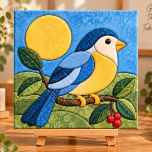 Kinusaiga Pattern PDF | Blue Bird Fabric Art Pattern | Japanese No Sew Quilt Pattern | Bird Wall Art Template | DIY Fabric Craft