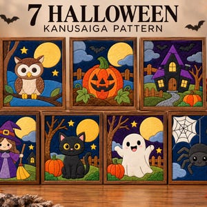Halloween Kinusaiga Patterns | 7 Halloween Fabric Art Patterns | Japanese Patchwork PDF | Fall kinusaiga art  | No Sew Craft