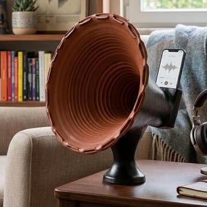 Altavoz de terracota para teléfono, gramófono artesanal, amplificador acústico de arcilla, potenciador de sonido natural.