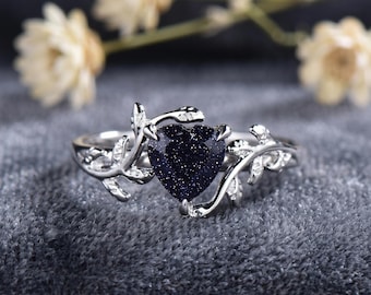 Blue Sandstone Galaxy Heart Ring in Silver, Nature Inspired Vine Leaf Promise Ring, Celestial Sandstone Engagement Ring, Unique Nebula Gift