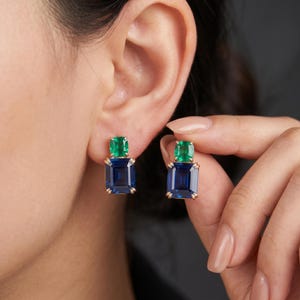 Blue Sapphire Emerald Cut Earrings With Emerald Cushion , 14k Art Deco Two Stone Blue And Green Earrings , Jewelry For Women/Girl