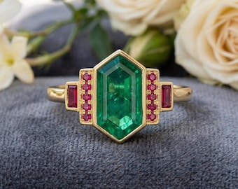 Anillo vintage de esmeralda con talla hexagonal, detalles de rubí baguette creado en laboratorio, anillo de compromiso de plata de ley.
