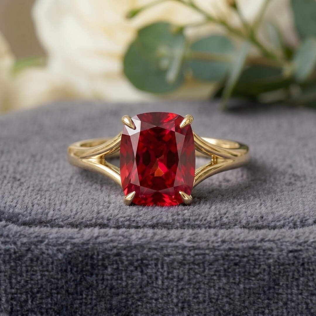 Cushion Ruby Solitaire Engagement Ring , Handmade Silver Split Shank ...