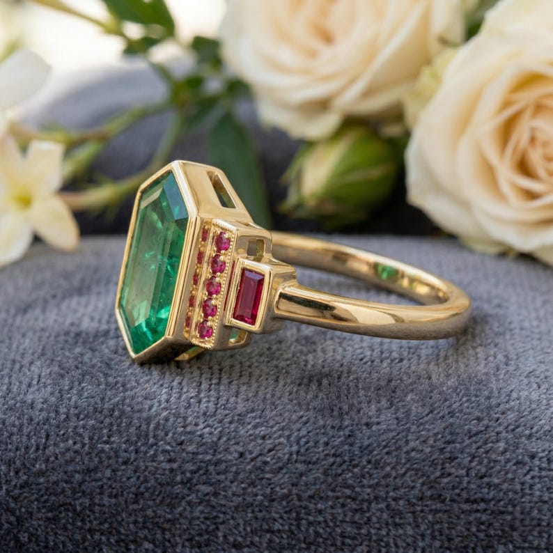 Vintage Emerald Hexagon Cut Ring, Lab Created Ruby Baguette Accents ...