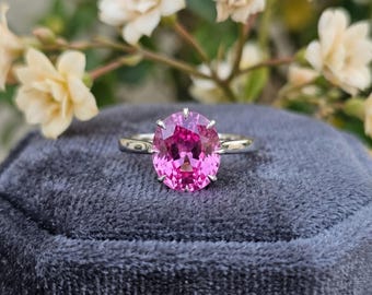 Anillo de zafiro rosa de talla ovalada en plata de ley 925, anillo de promesa con piedra preciosa rosa para mujer, joyería llamativa para aniversario, regalo de septiembre